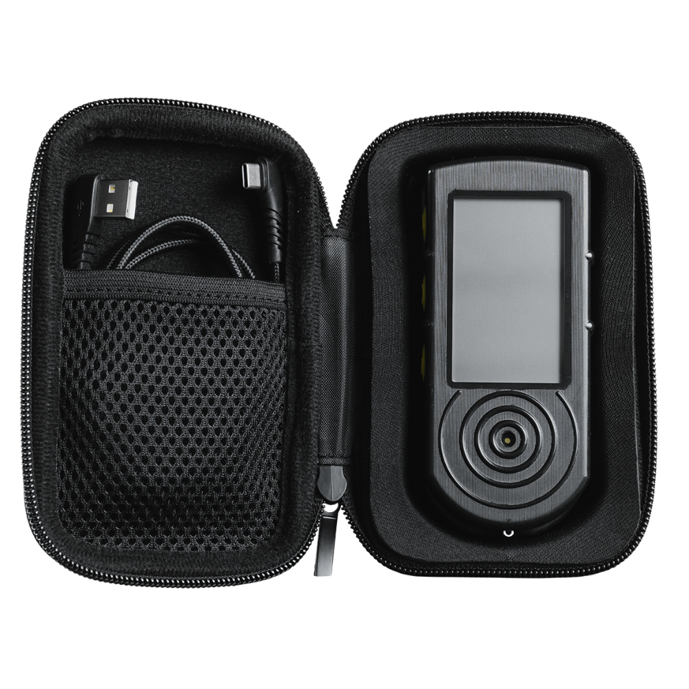 Black electronic device in a carrying case with USB cable on a white background