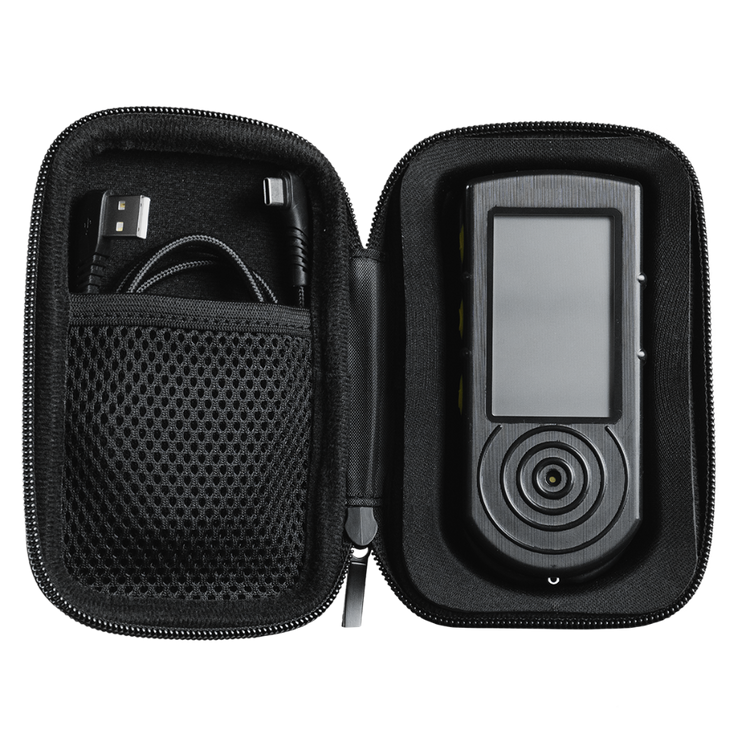 Black electronic device in a carrying case with USB cable on a white background