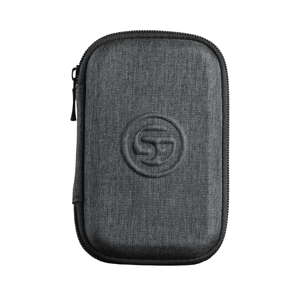 Gray zippered case with a logo on a white background