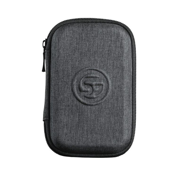 Gray zippered case with a logo on a white background